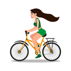 Fototapeta na wymiar Sporty Cartoon Woman Film Character Riding Bicycle. Beautiful Cinema Actress in Sportswear. Movie about Sport and Healthy Lifestyle. Vector Clip Art. Vector Isolated on White Illustration