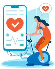 Girl Exercising on Bicycle inside House Wearing Sports Clothes to Burn Calories Flat Cartoon Vector Illustration. Mobile Phone with Health Care Application Connected to Simulator. Technology.