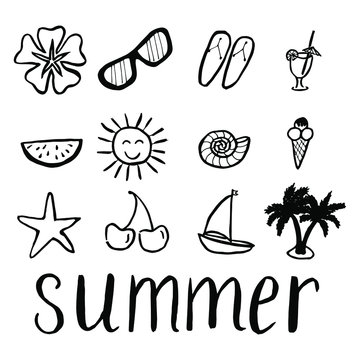 Set of summer vacation on the beach icons. Travel concept outline isolated on white background