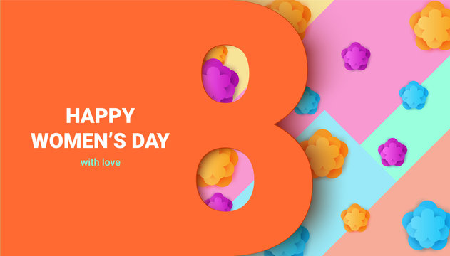 Women's Day greeting card or banner with eight shaped frame and paper cut flowers on colorful modern geometric background. Vector illustration. Place for text. March 8 holiday.