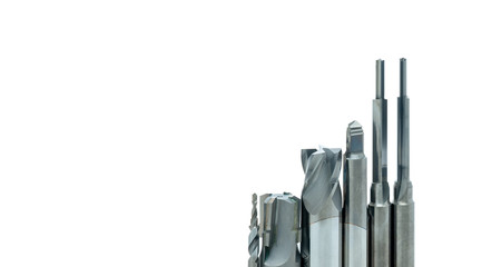 Special tools isolated on white background. Made to order special tools. Coated step drill and...