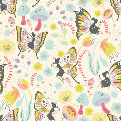 Cute Whimsical Fairies in Wonderland Vector Seamless Pattern