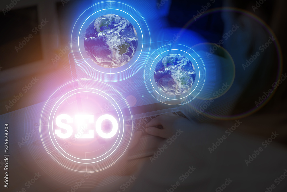 Poster word writing text seo. business photo showcasing practice of increasing the quantity and quality of 