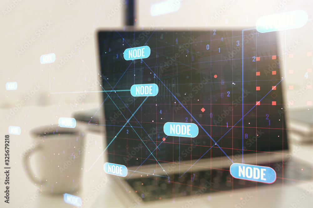 Poster multi exposure of abstract graphic coding sketch on modern computer background, big data and network