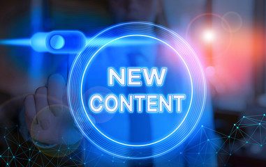 Word writing text New Content. Business photo showcasing fresh valuable and relevant information or...