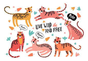 Set of wild cats, leopard, jaguar, tiger. Animals Taiwan. Flat vector illustration. Wild exotic animals. Cute animal character idea for printed material and t-shirt, greeting card, sticker