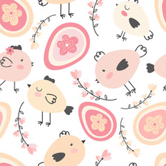Seamless pattern of cute cartoon chickens in various poses and Easter eggs. Easter spring background. Funny birds for children's decoration. Design of textiles, fabrics, and packaging. Hand drawn.