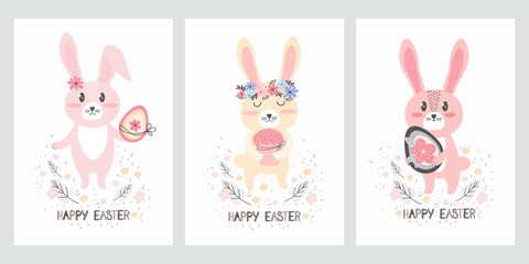 Set of vertical greeting cards or banners for the happy Easter holiday in Scandinavian hand drawn style. Cute Bunnies with Easter cake and egg. Funny little cartoon rabbit. Flat vector illustration