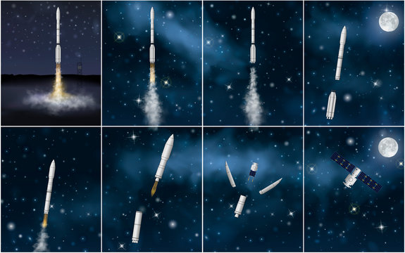 Realistic rocket's fly set. 8 vector illustrations of the coherent stages of the carrier rocket flight: earth start, separation, realising of vehicle payload, successfully placing into stable orbit.