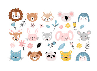 Obraz na płótnie Canvas Set of cute portraits of animals and flowers for design postcards, children s birthday, party, baby shower. Simple flat design elements. Vector illustration