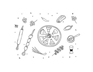 Georgian dishes. Vector illustration of a Georgian cuisine set. Khinkali, barbecue shashlik... Vector illustration. Isolated elements on white background. Symbol collection.