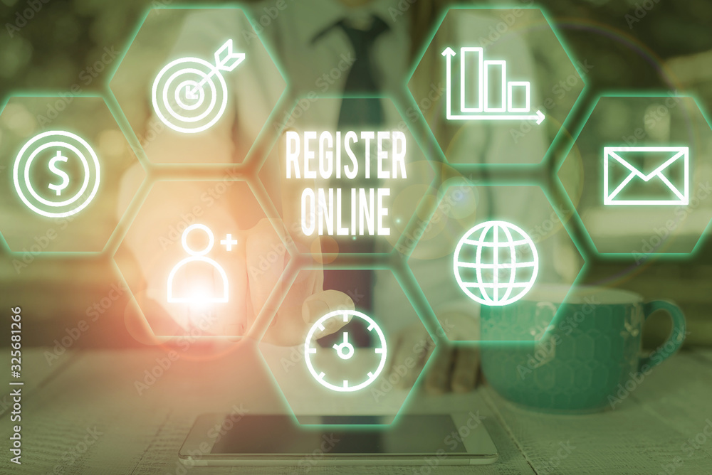 Poster writing note showing register online. business concept for system for subscribing or registering via