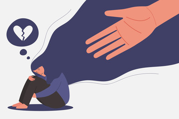 human hand helps sad young girl in depression sitting and hugging knees with flying hair and broken on mind, sorrow, mental health concept, cartoon female character vector flat illustration