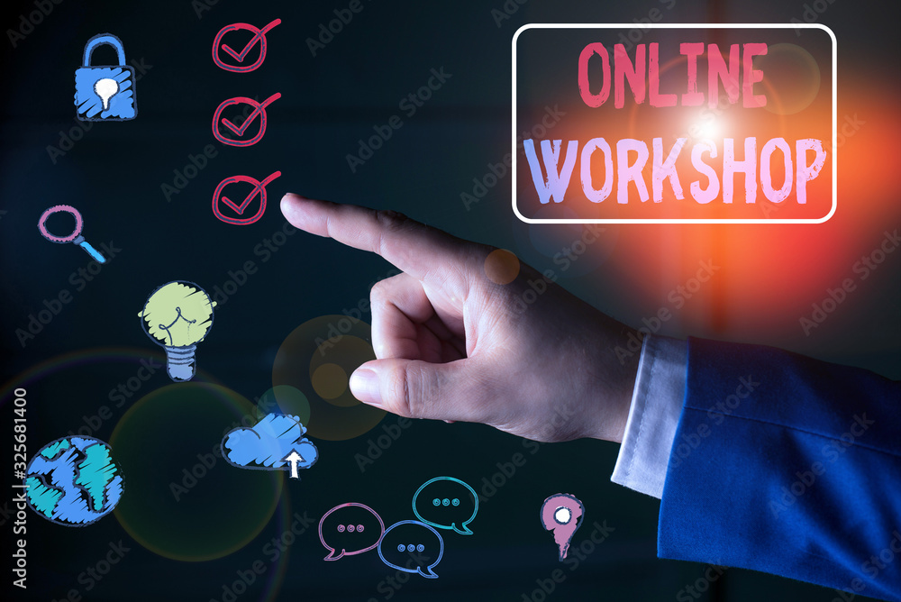 Aufkleber conceptual hand writing showing online workshop. concept meaning intensive discussion and activity o