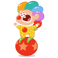 Cute clown with rainbow hair stands on the ball vector cartoon character isolated on a white background.
