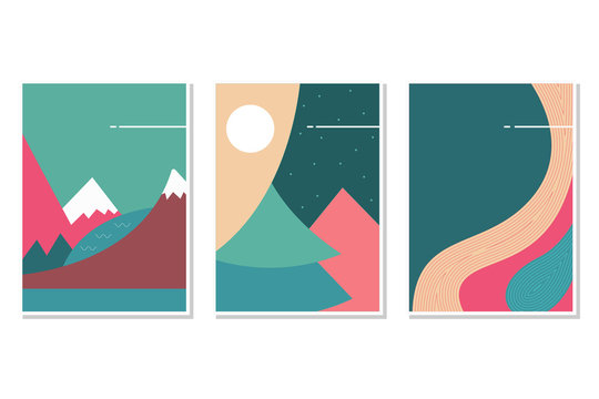Posters with mountain, forest and river vector illustration set.