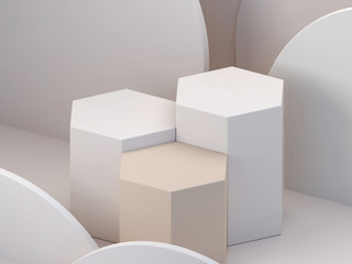 Pastel colors shapes on natural pastel colors abstract background. Minimal  hexagonal podium. Scene with geometrical forms. Empty showcase, cosmetic product presentation. Fashion magazine. 3d render. 