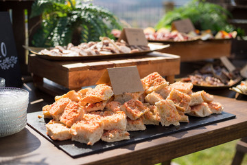 catering food wedding celebration bread with tomatoe, catalan cousine