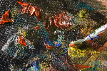 Obraz na płótnie Canvas Artist mixing color oil painting on palette. Palette with paintbrush