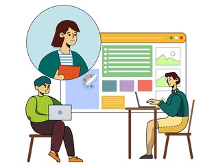 People Attend Graphic Design Online Course Cartoon. Video Conference with Coacher on Laptop. Huge Monitor with Program. Training Lesson. E-Learning, Distant Education. Vector Flat Illustration