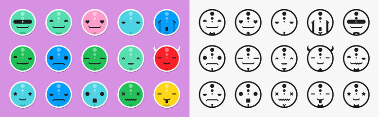 Set of different emotions cute character. Emoji faces emoticon smile, chat messenger cartoon emotes.Vector illustration in cartoon style. Color and stroke versions. 15 emoticons faces.
