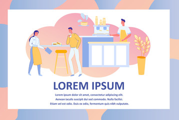 Coffee Shop Interior or Espresso Bar with Barista Man Cartoon Character and Waitress Serving Snack Meal to Customer. Modern Cafeteria with Coffee Machine and Furniture. Flat Vector Illustration.