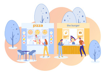 Pizza and Burger Fast Food Street Cafe Stalls with Buying and Choosing Customers, Men and Women. City Park cafeteria, Restaurant on Urban Summer Landscape Background. Trendy Flat Vector Illustration.