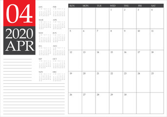 April 2020 desk calendar vector illustration