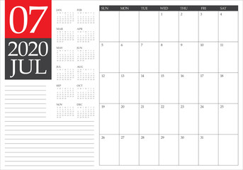July 2020 desk calendar vector illustration