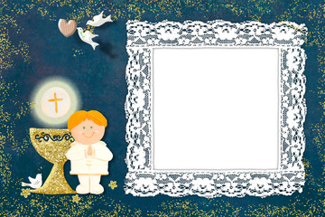 Blond boy First Communion picture frame card.