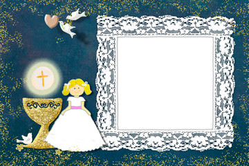 First Communion blond girl photo frame card.