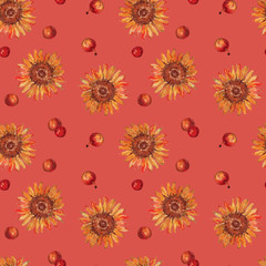Fototapeta na wymiar A pattern with a sunflower. Flowers and apples pattern. flower sunflower. Oil painting. Isolated color background. Textiles, wallpaper, wrapping paper. Color.