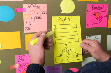 Businessman holding marker and thinking about plan of his startup.Closeup of notes, plan...