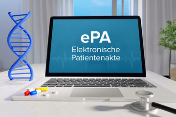 ePA (Elektronische Patientenakte) – Medizin, Gesundheit. Computer im Büro mit Begriff auf dem Bildschirm. Arzt, Gesundheitswesen - obrazy, fototapety, plakaty