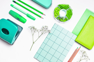 Set of school supplies on white background