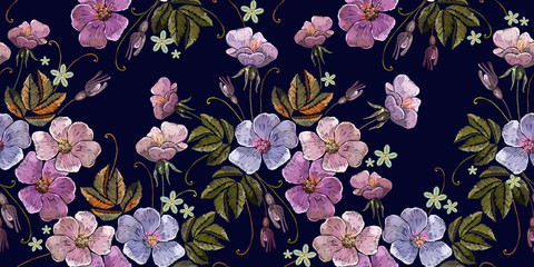 Embroidery wild pink flowers, horizontal seamless pattern. Spring garden art. Fashion template for clothes, textiles and t-shirt design
