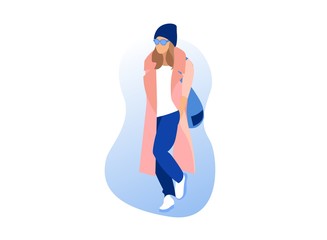 Girl in Trendy Clothing Wearing Long Pink Coat, Sunglasses, Knitted Hat, Shoulder Bag, White Sneakers and Jeans Isolated on White Background, Urban Fashion, Garment Cartoon Flat Vector Illustration