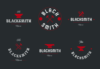 Blacksmith logo set with hammers, anvil, pliers. Forge workshop. Vector.