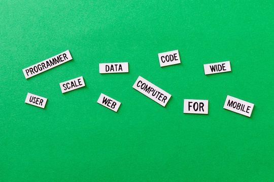 Code computer programmer data text on green background. Flat color design computer for advertising in green mobile technology. ecology and mobile web developer. Green coding