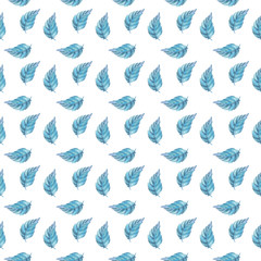 Fototapeta premium Feather pattern. Seamless pattern with watercolor feathers on a white background. Bright watercolor blue feathers in cartoon style for paper and textile, greeting card.