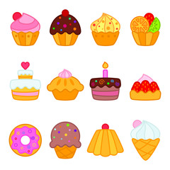 Set of colorful cakes and deserts in flat style. Vector illustration