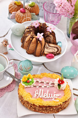 spring table with traditional easter cakes