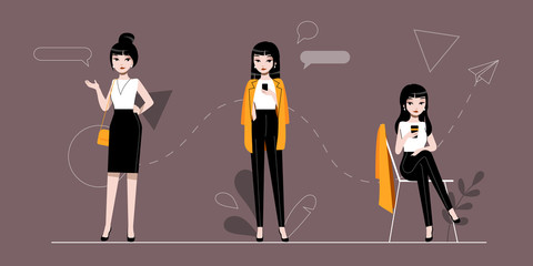 Businesswoman And Self Employment Concept.Self Confident Businesswoman Character In Different Poses On The Abstract Infographic Background.Set Of Cartoon Linear Outline Flat Style. Vector Illustration