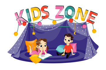 Kids Party Concept. Kids Zone Inscription Above Kids Tent. Colorful Letters And Happy Children In the Tent. Template For Childrens Play room Decorations. Cartoon Flat style. Vector illustration