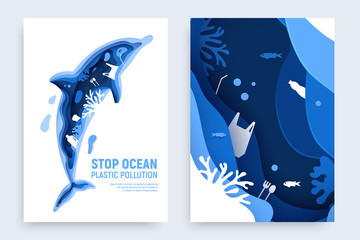 Ocean plastic pollution banner set with dolphin silhouette. Paper cut dolphin with plastic rubbish, fish, bubbles and coral reefs isolated on white background. Paper art vector illustration
