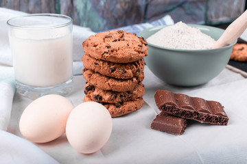 Cookies, chocolate, eggs, milk and flour. 