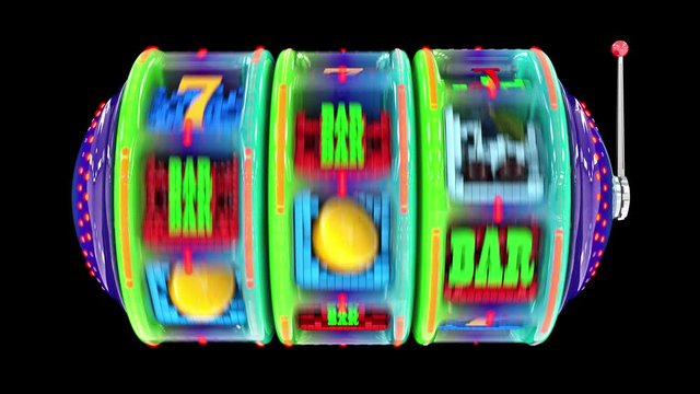 Glossy multi-colored slot machine hitting a 777 jackpot and exploding golden coins. UHD - 4K - 3D Rendering