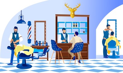 Barber Shaving Customer Lying on Chair with Straight Razor, Barbershop Grooming Place with Bar Desk, Professional Beauty Club, Men Hairdressing Salon Interior. Fashion Cartoon Flat Vector Illustration