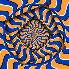 Abstract turned frames with a rotating blue orange wavy quadrangles pattern. Optical illusion hypnotic background.