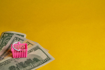 Pink shopping basket and dollar banknotes at yellow background. Shopping, personal finances, money savings concept